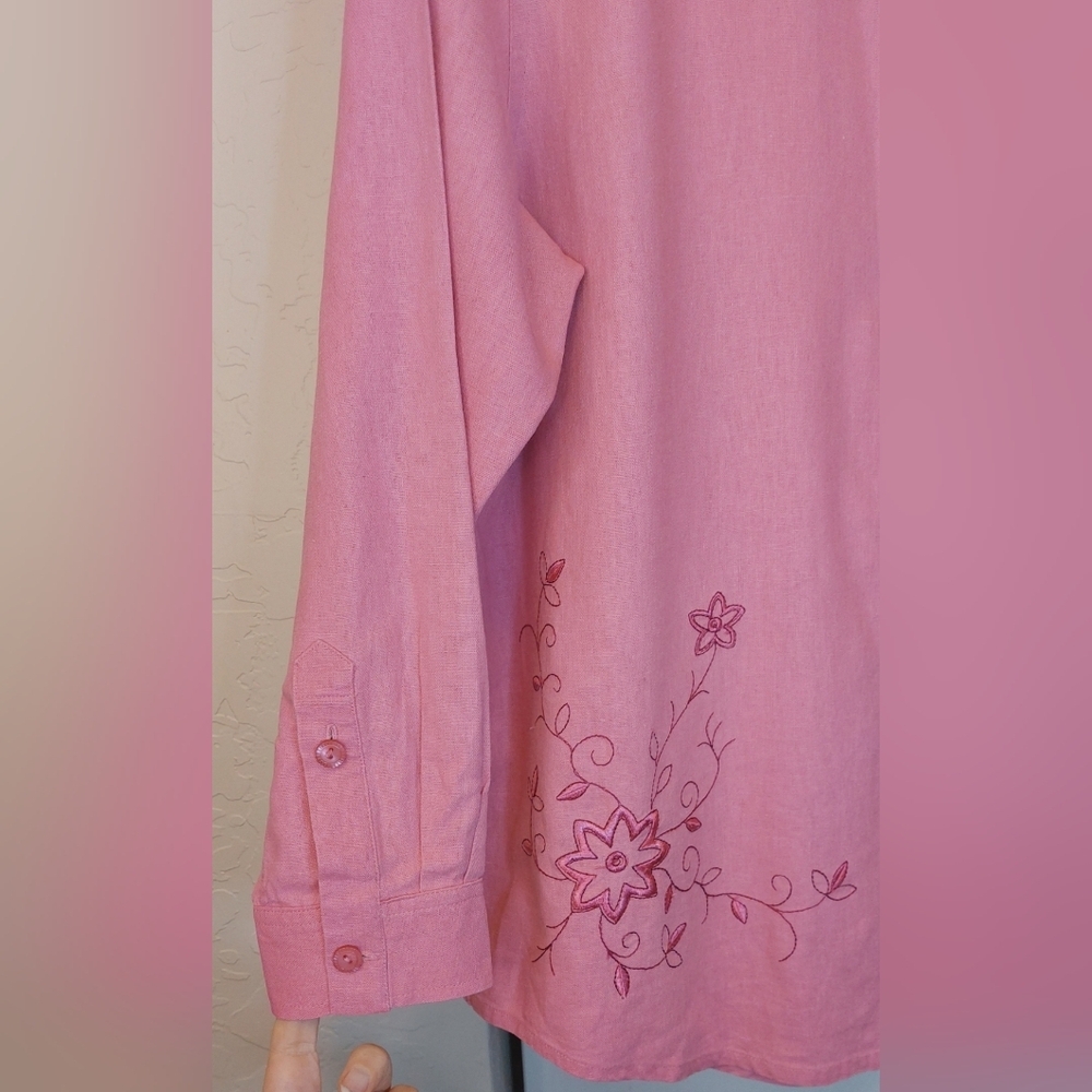 Draper's & Damon Pink Linen Button Up Top Size Large Blouse Embroidered Top Boho - Picture 4 of 10